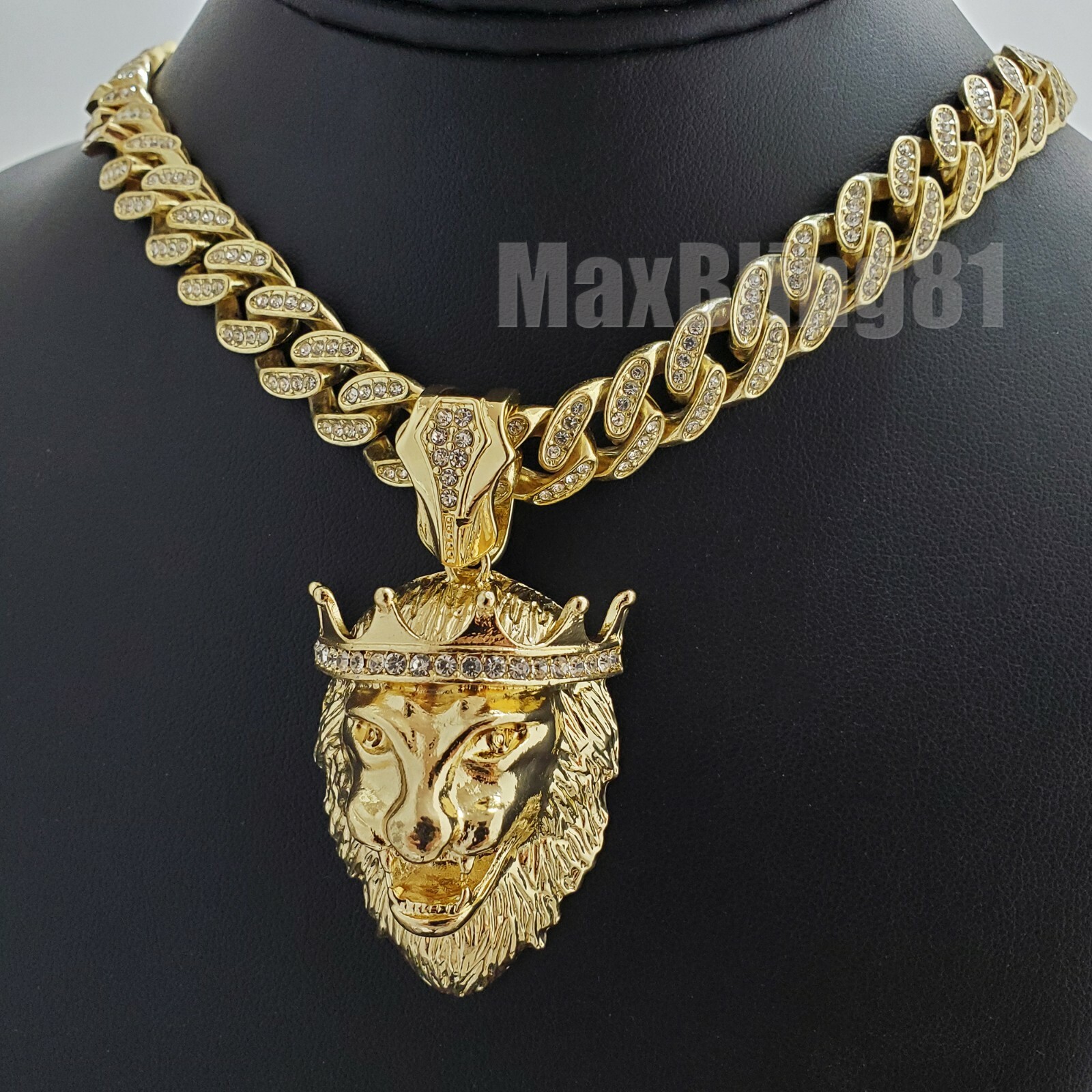 KING LION HEAD Pendant & 16″ 18″ 20″ 24″ Iced Cuban Box Lock Chain Necklace
