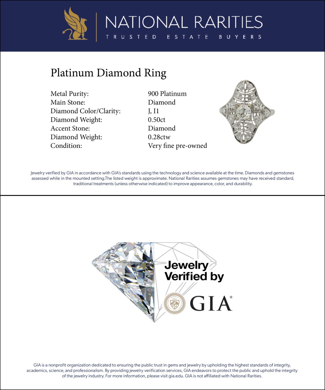 Edwardian Platinum Die Struck 0.78ctw Diamond Filigree Sz 8 Ring #E139033-1