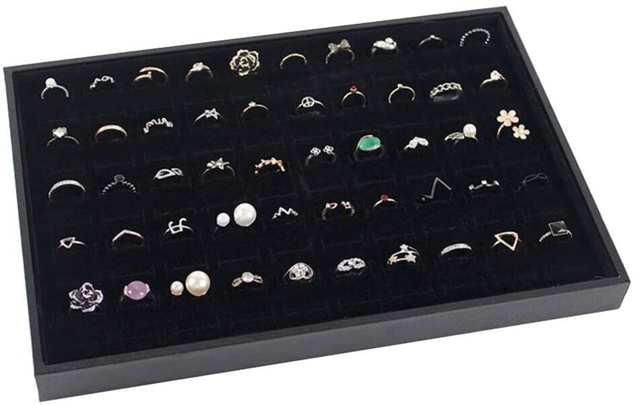 Jewelry Ring Display Organizer 100-Slots Tray Holder Earrings Black Box Case