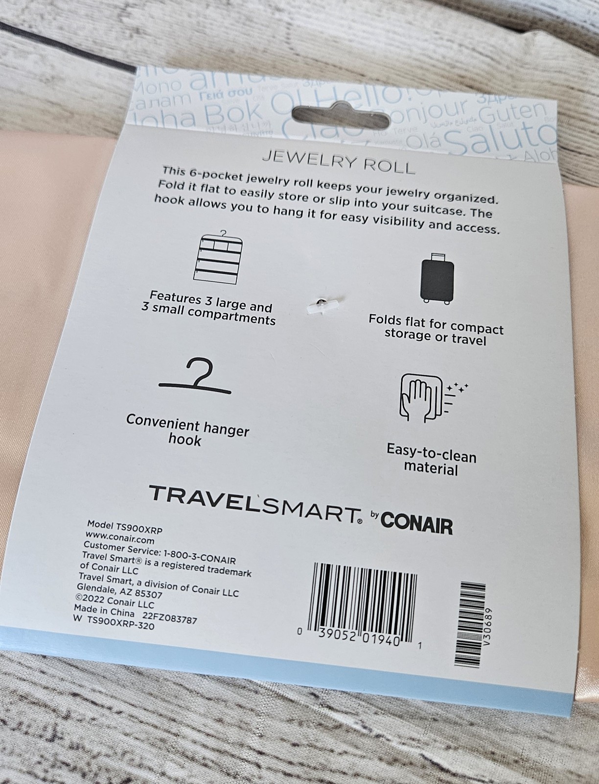 Travel Smart by Conair Satin Jewelry Roll Pink 6-Pocket Hanging Hook