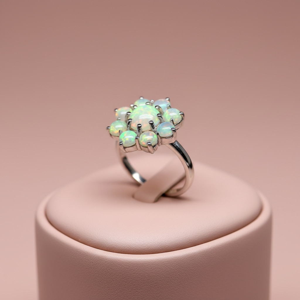 Ethiopian Opal Cluster Flower Ring 925 Sterling Silver Handmade Jewelry