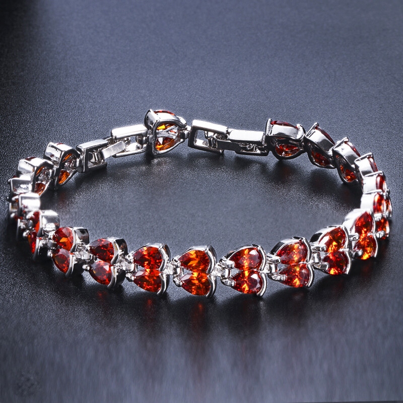 Silver Plated Cubic Zirconia Red Two line Drop Tennis Bracelet for Women Jewelry