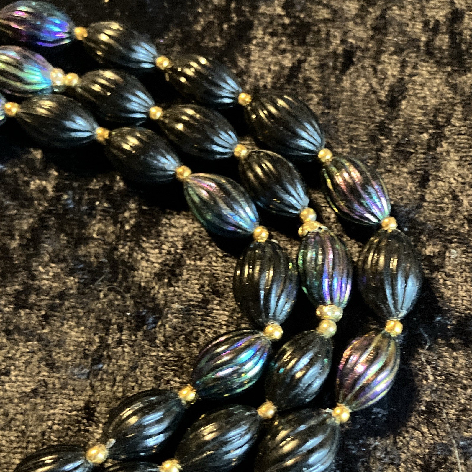 Vintage Multi-Strand Black Iridescent Beaded Necklace Gold Tone Beads Box Clasp