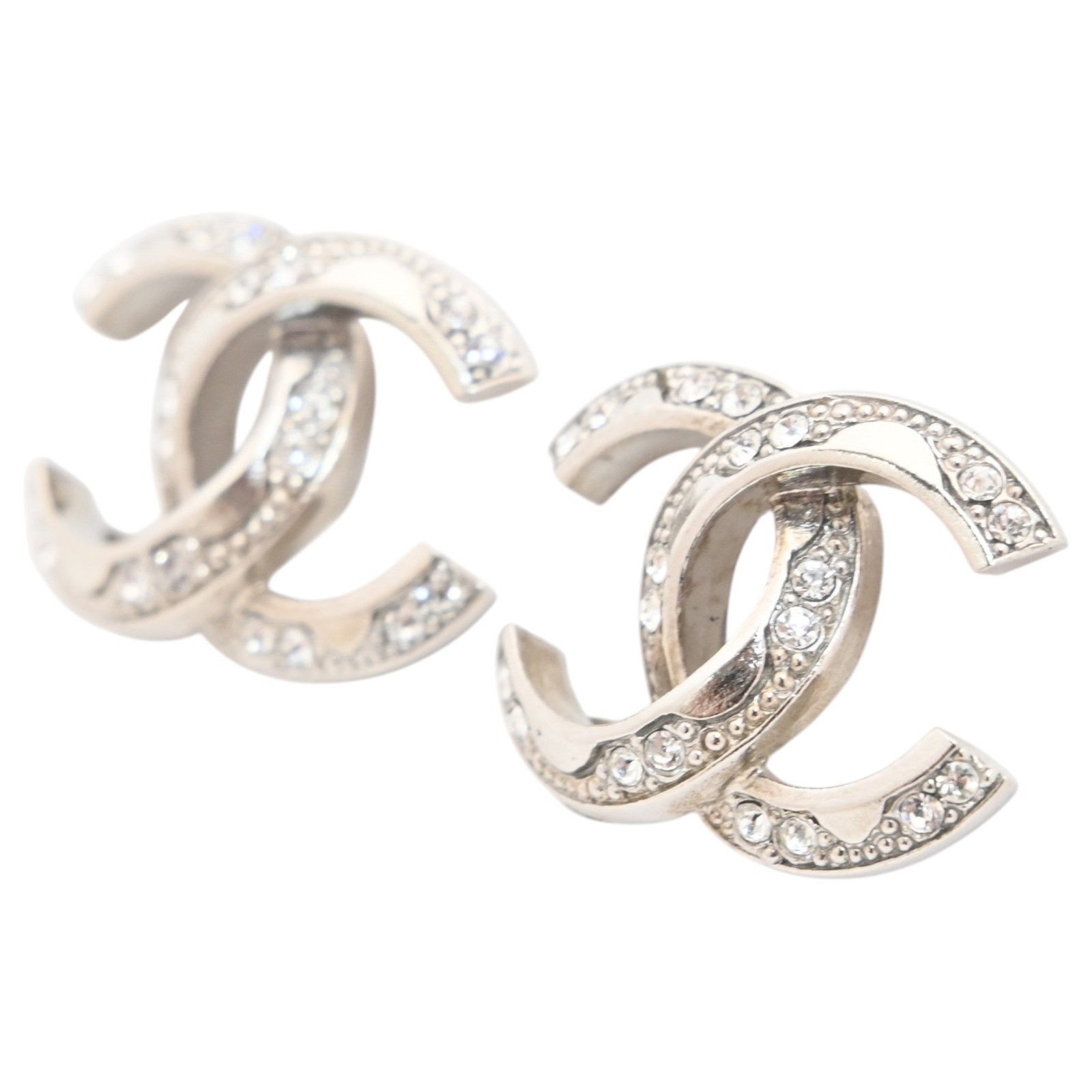 Auth Chanel Coco Mark Stone Logo Pierced Earrings Silver ch8854ed