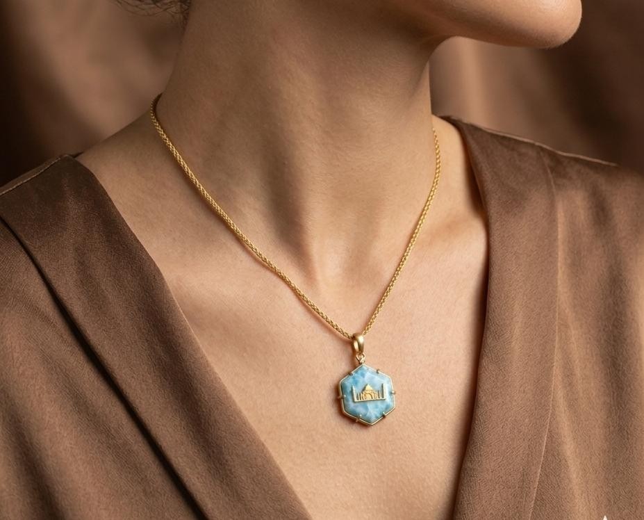 Natural Larimar Stone Taj mahal Pendant 925 sterling silver gold plated