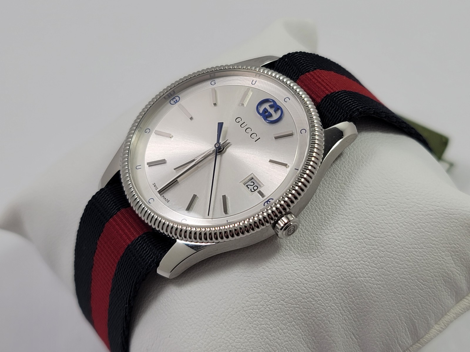 Gucci G-Timeless SWISS Quartz Silver Dial Blue Red Nylon Strap Watch YA1264237