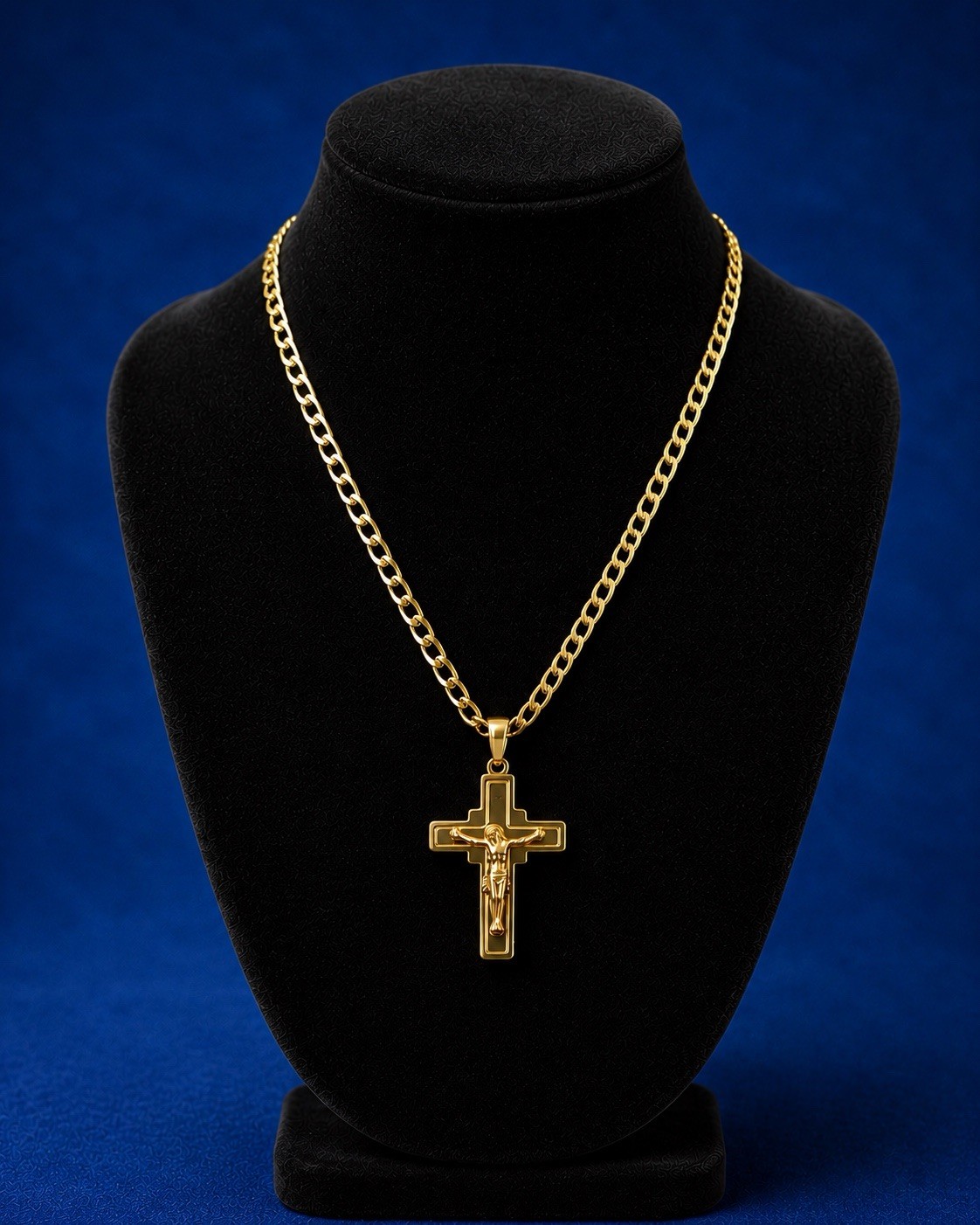 Yellow Gold Plated Cuban Link Chain Cross Charm Pendant Necklace Religious