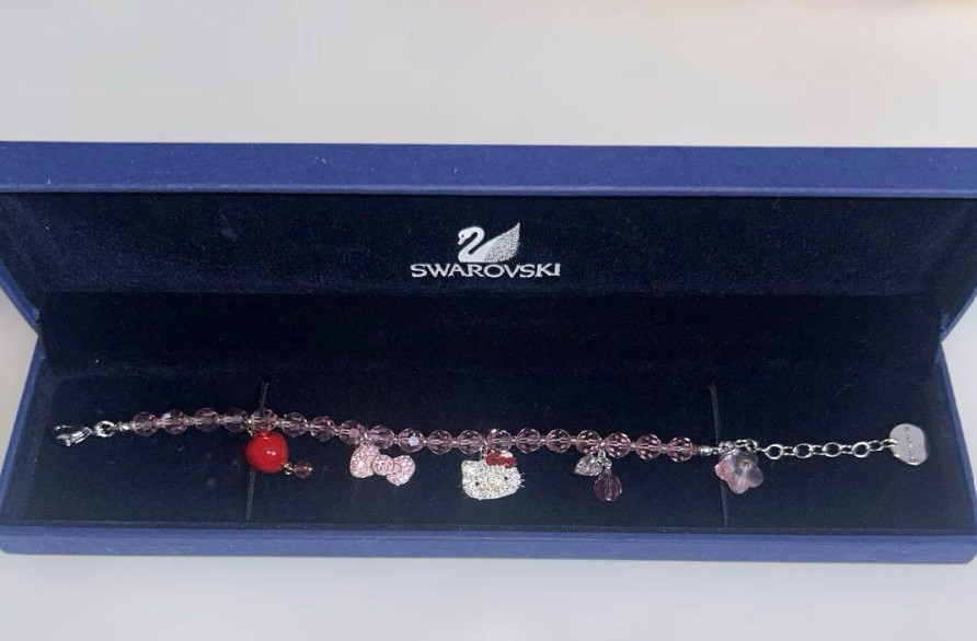 Unused Swarovski Hello Kitty Charm Bracelet Pink Crystal 20cm 7.9″ Rare Gift Box