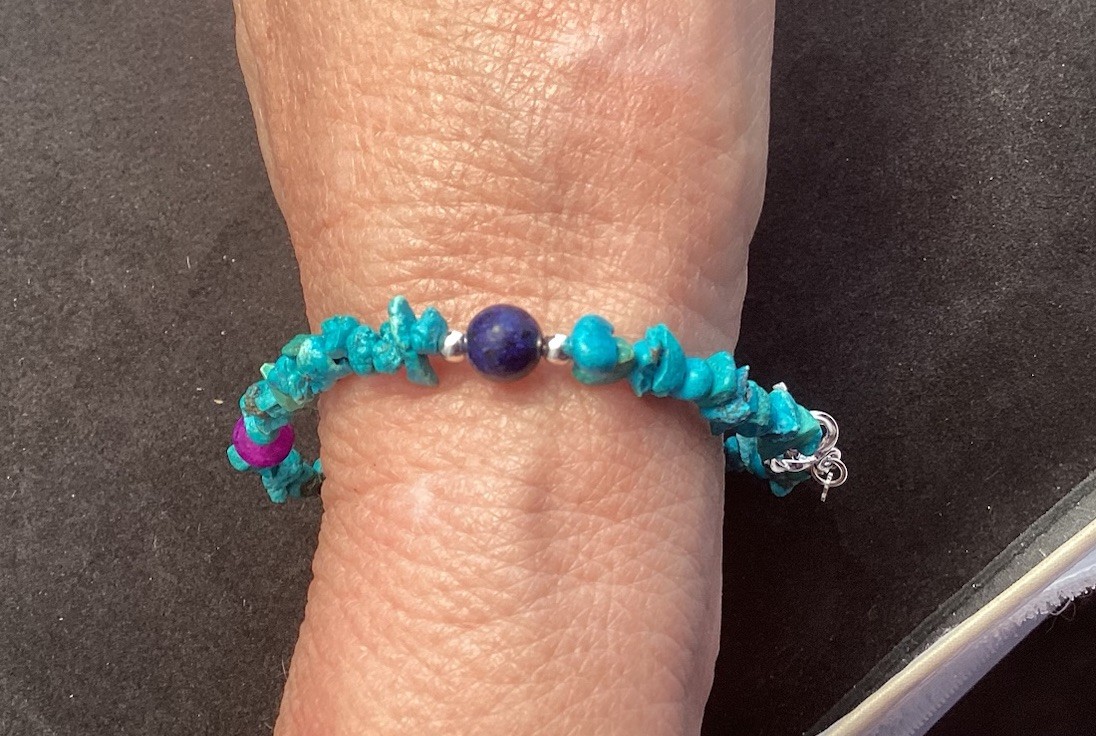 Sterling Silver 8” Turquoise Chip Bracelet With 6mm Lapis Sugilite & Turquoise