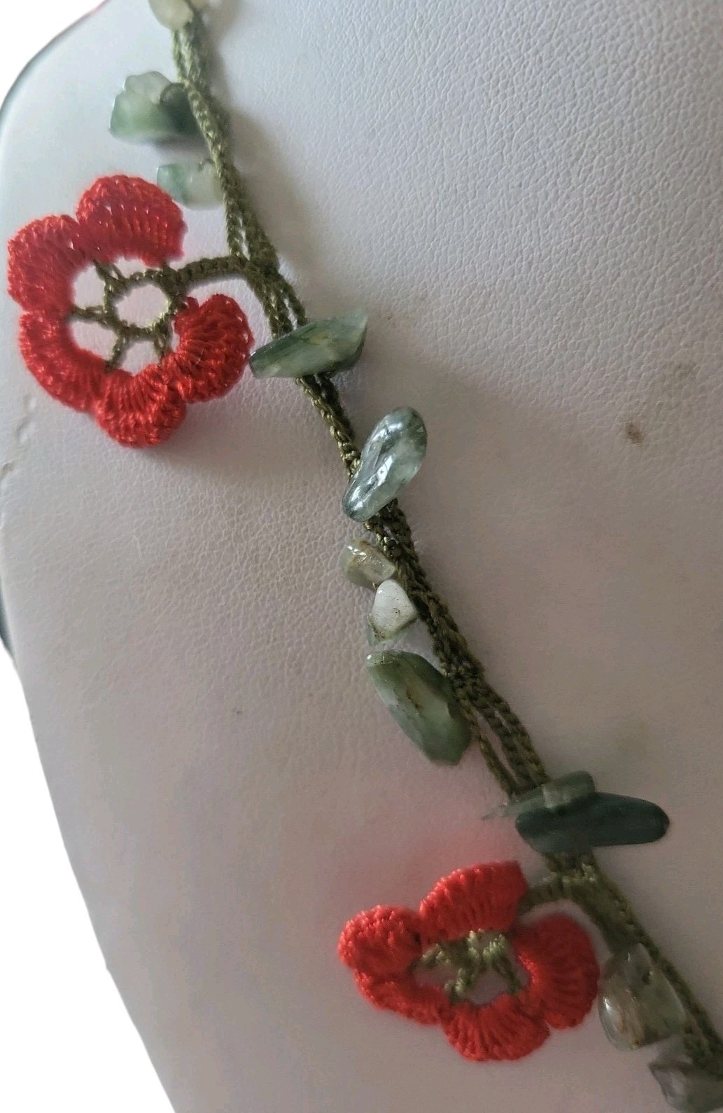 Red Flower Crochet Necklace With Jade Stone, Turkish Jewelry