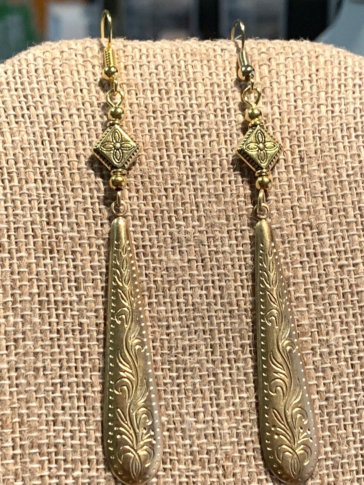 NEW LISTING* HAND-CRAFTED VTG. LARGE ENGRAVED GOLDEN BRASS TAPER DROP EARRINGS