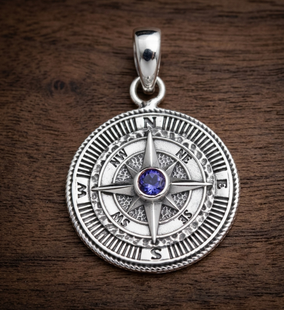 Pure Brass Nautical Compass Pendant Purple Amethyst Handmade Gift Jewelry For .