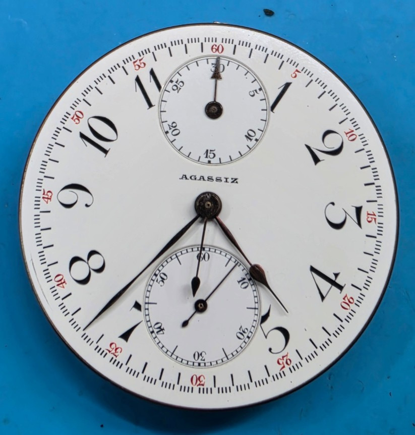 RARE EXTRA CLEAN HIGH GRADE AGASSIZ CHRONOGRAPH POCKET WATCH MOVEMENT RUNS GREAT