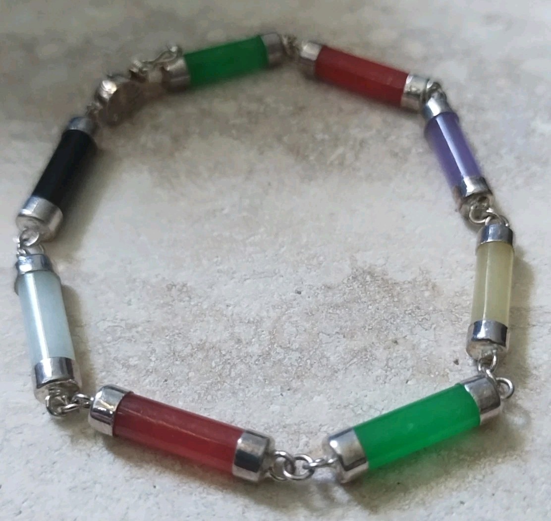 Multi-Stone 925 Sterling Silver Tube Cylinder Link Bracelet