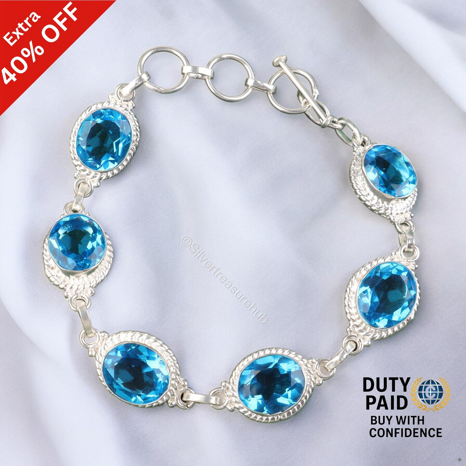 925 Silver Swiss Blue Topaz Gemstone Elegant Engagement Wife Chain New Bracelet