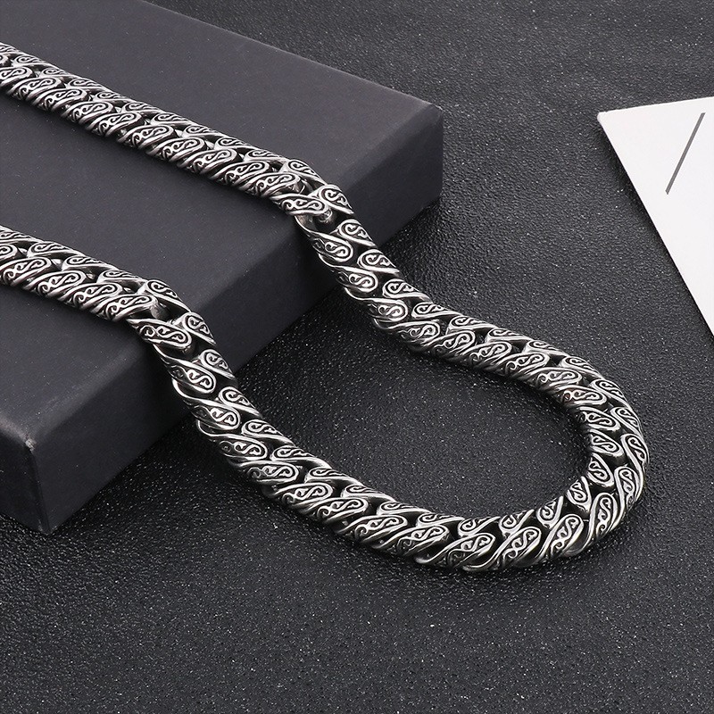 Men Vintage Distressed Silver Titanium Steel Necklace Bracelet Set Hip Hop Punk
