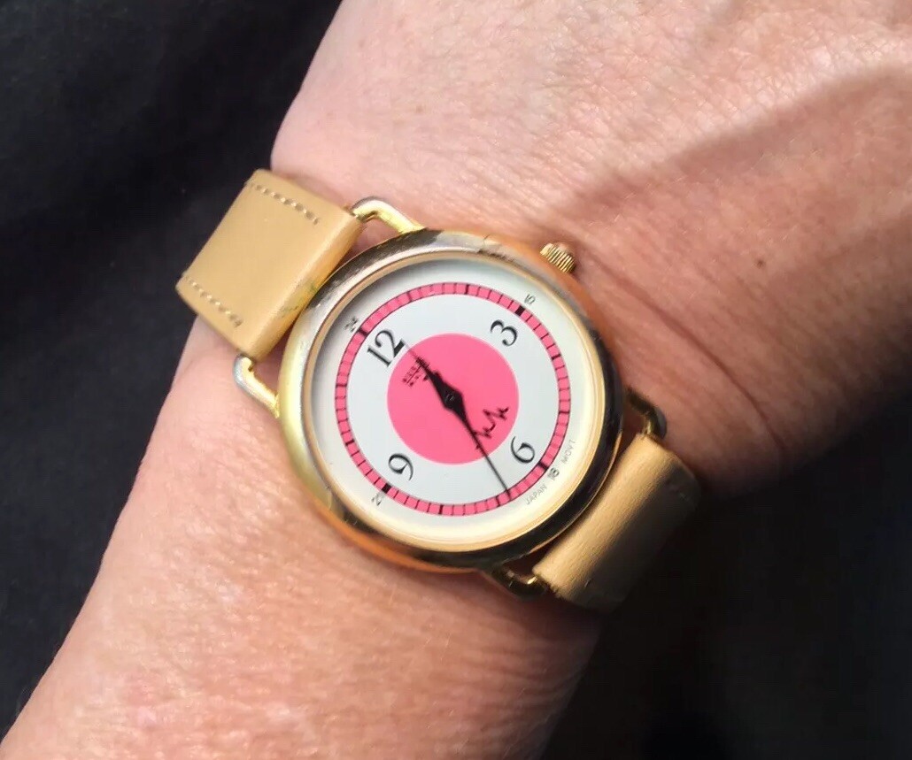 Nurse Mates 12/24 Hour Time Gold Tone Case Beige Band Very Nice Works