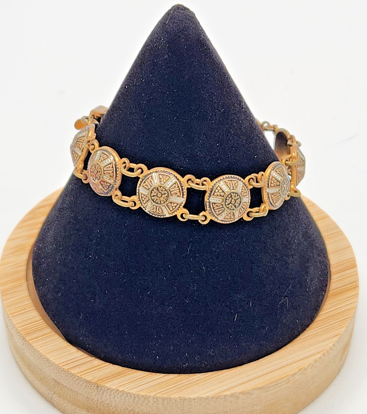 Vintage Spanish Damascene Round Panel Link Bracelet Toledo Style Gold Tone