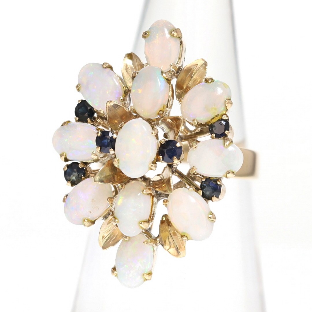 3.17ctw Cabochon Opal and Sapphire Cluster Statement Ring 10k Yellow Gold Size 6