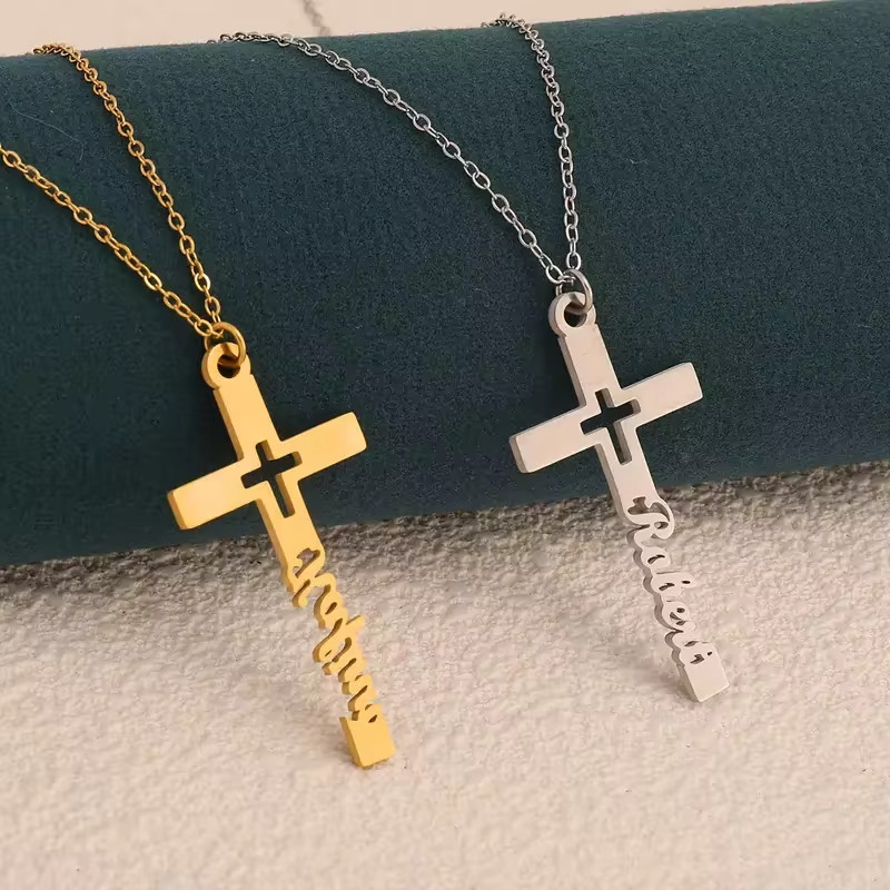 Customized Cross Name Necklace Jewelry Pendant Stainless Steel Gold Silver Chain