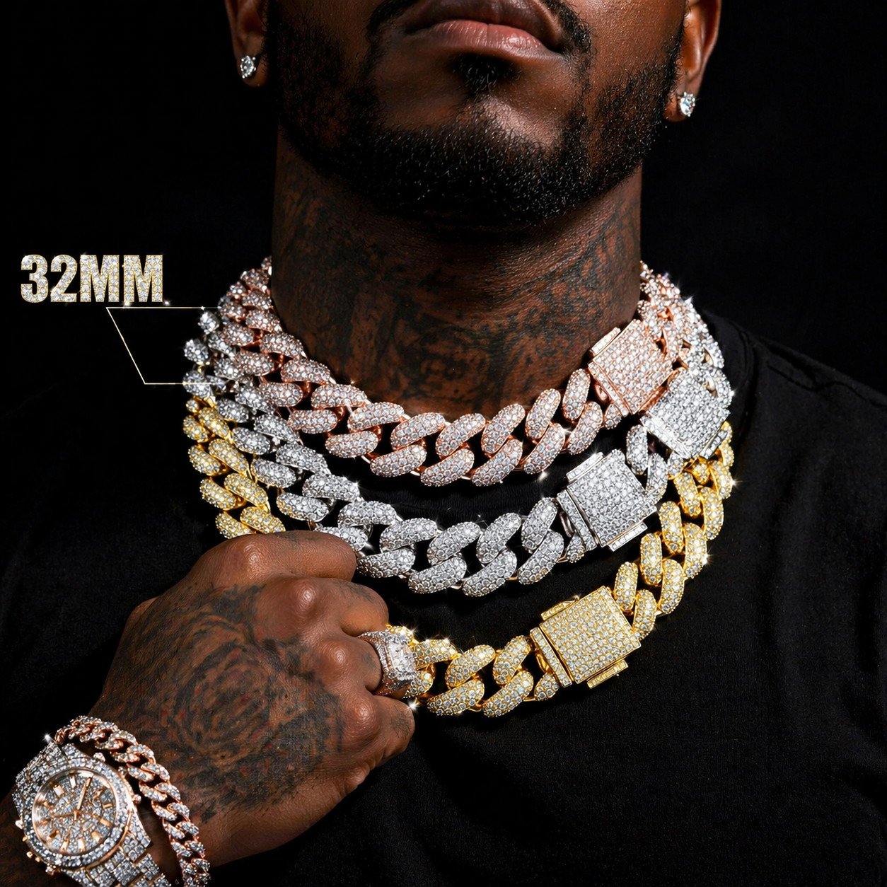 5AAA+ CZ Ice Out Hop Hip Bling Miami Cuban Chain 14k Real Gold Plated 32MM