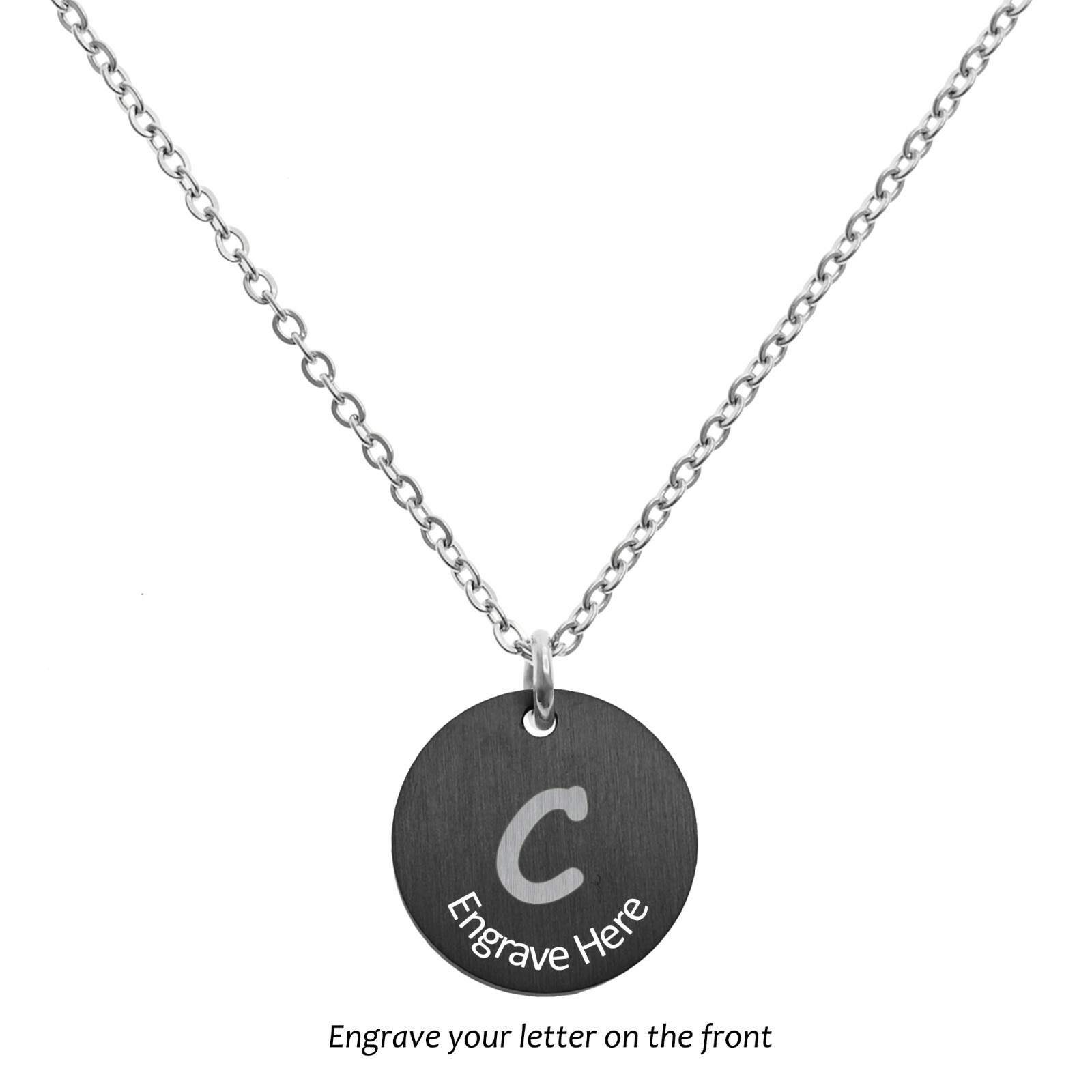 Engraved Black Metal Initial Letter Disc Pendant Chain Necklace 18.5 in + 2.5 in