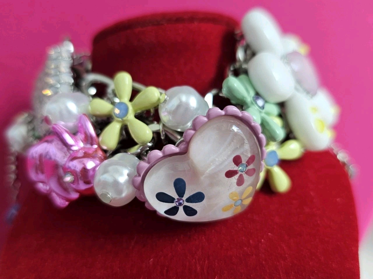 BETSEY JOHNSON Easter Hop Spring Floral Pink Bunny Statement Bracelet NWT $148