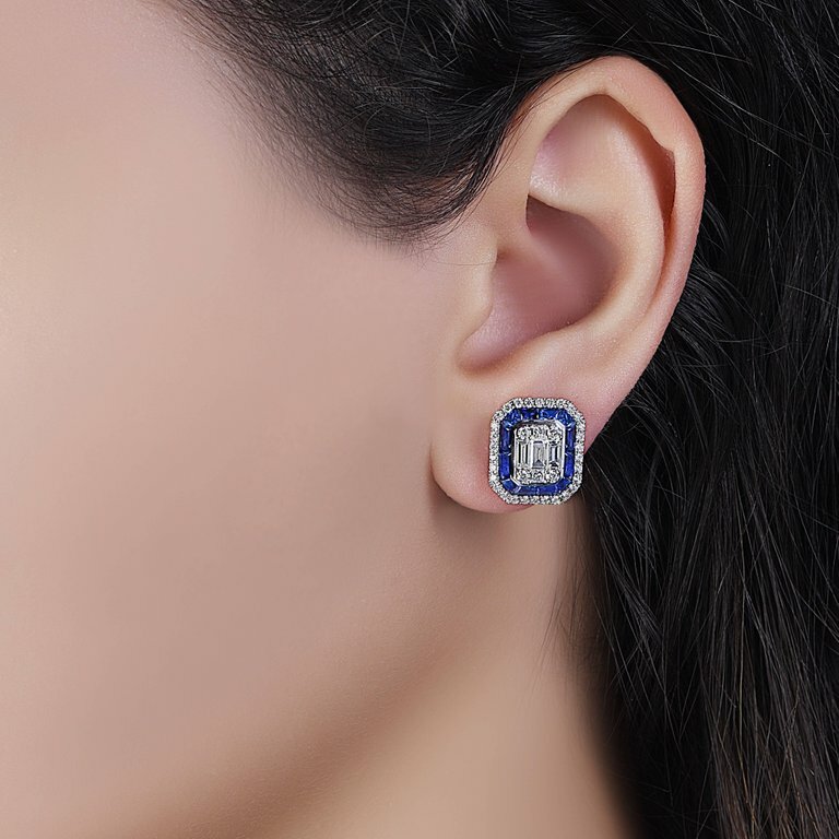 3ct Lab-Created Moissanite Sapphire Halo Stud Earrings 14k White Gold Plated