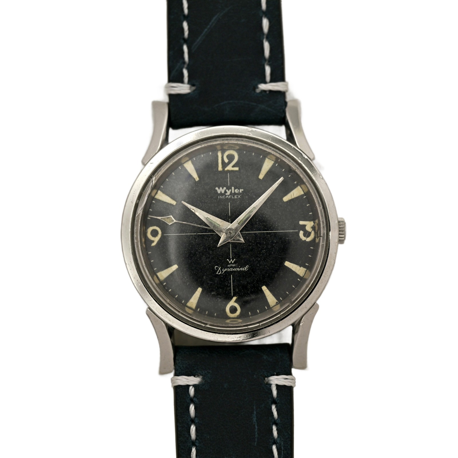 Wyler Incaflex Dynawind 1960’s Beautiful Black Dial Wrist Watch Blue Suede Strap