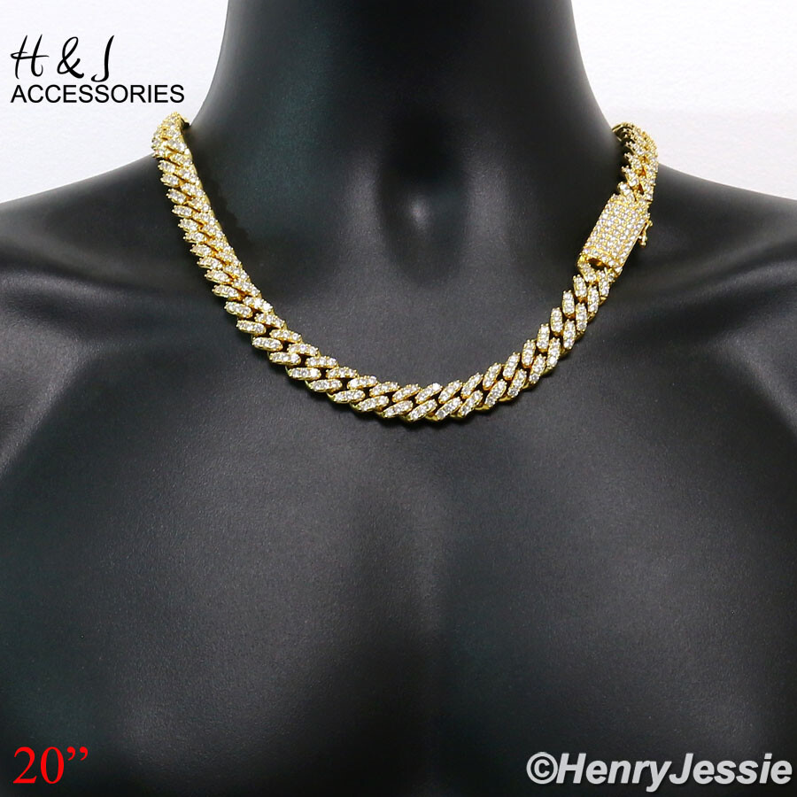 MEN 14K GOLD PLATED 18″-24″X12MM GOLD CZ PRONG SET CURB CHAIN NECKLACE*ABGN5