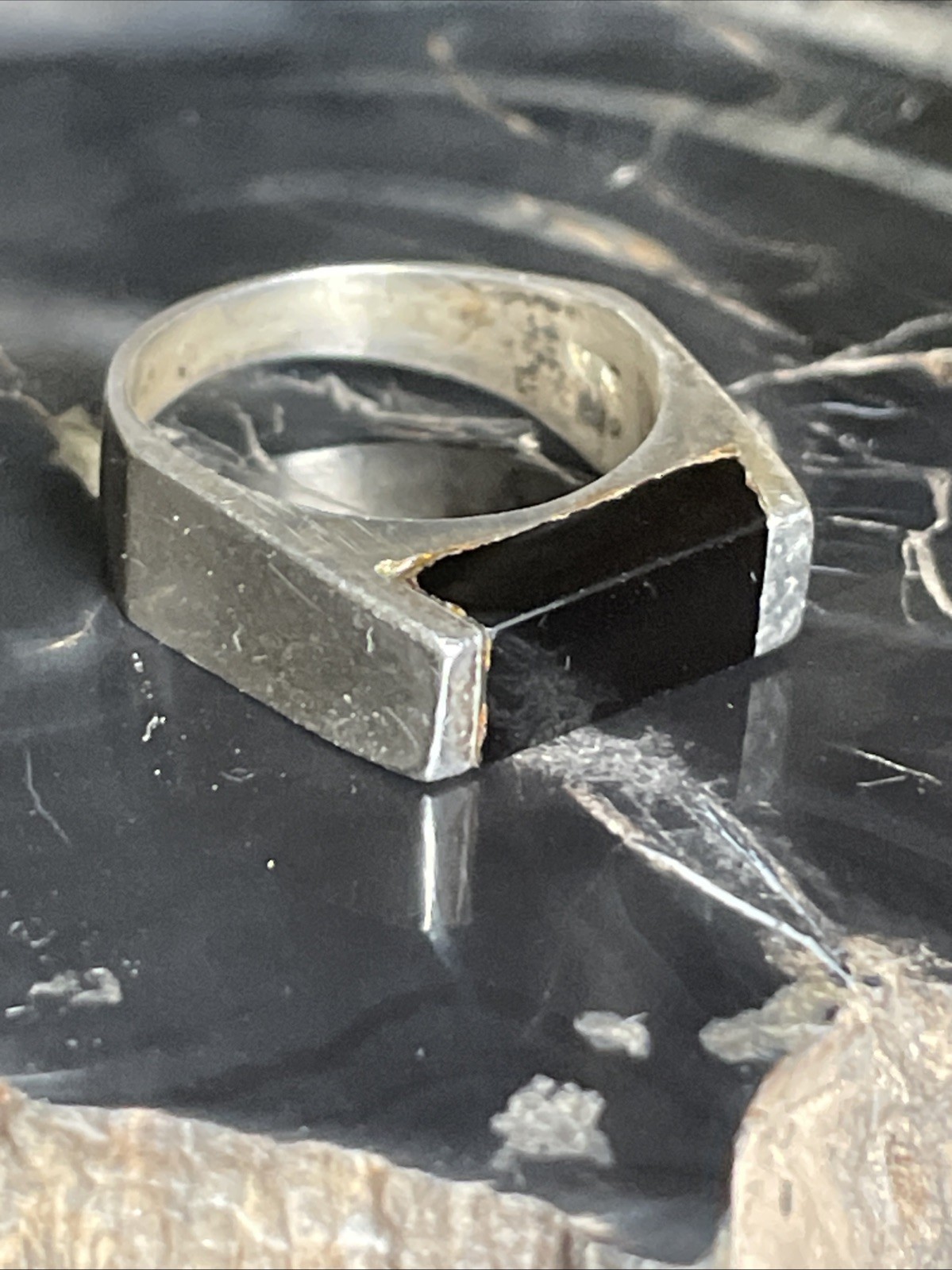 Vintage Sterling Silver Black Onyx Inlay Flat Top Ring Size 5.25