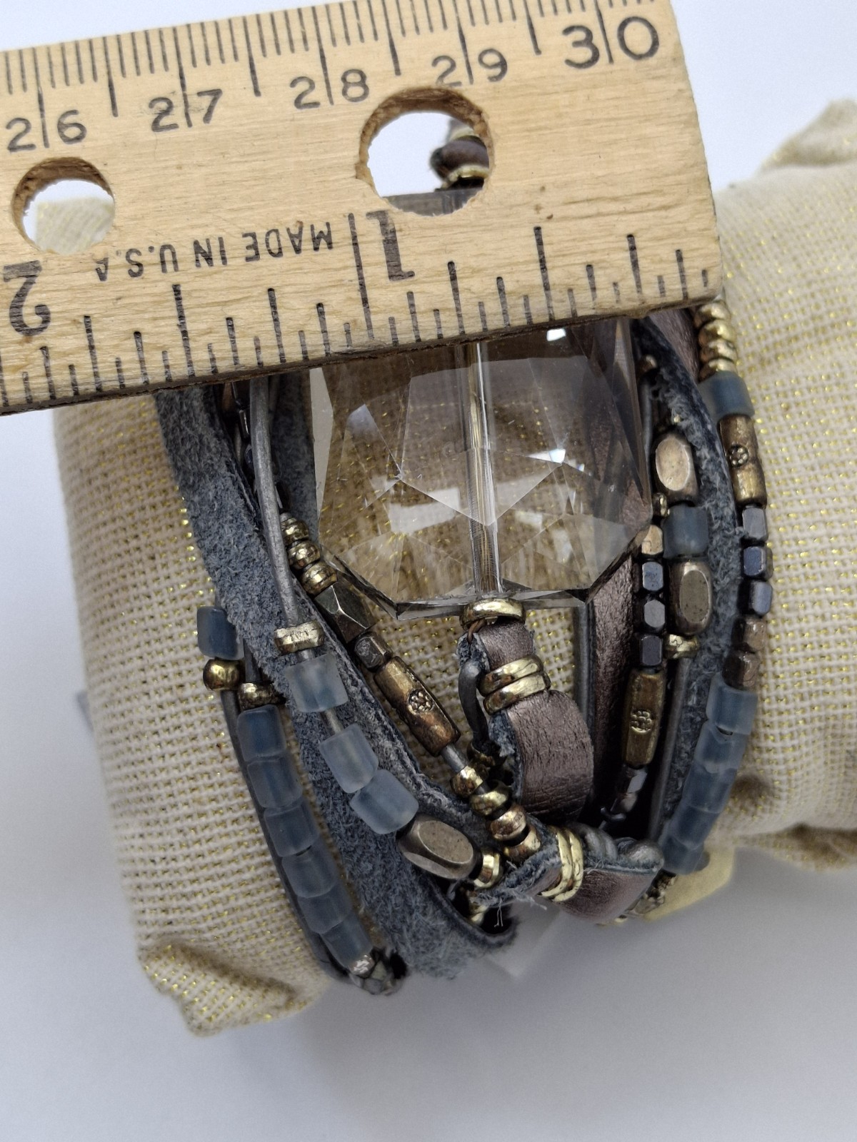 Nakamol Beaded Wrap Bracelet with Smokey Faceted Crystal focal gray leather