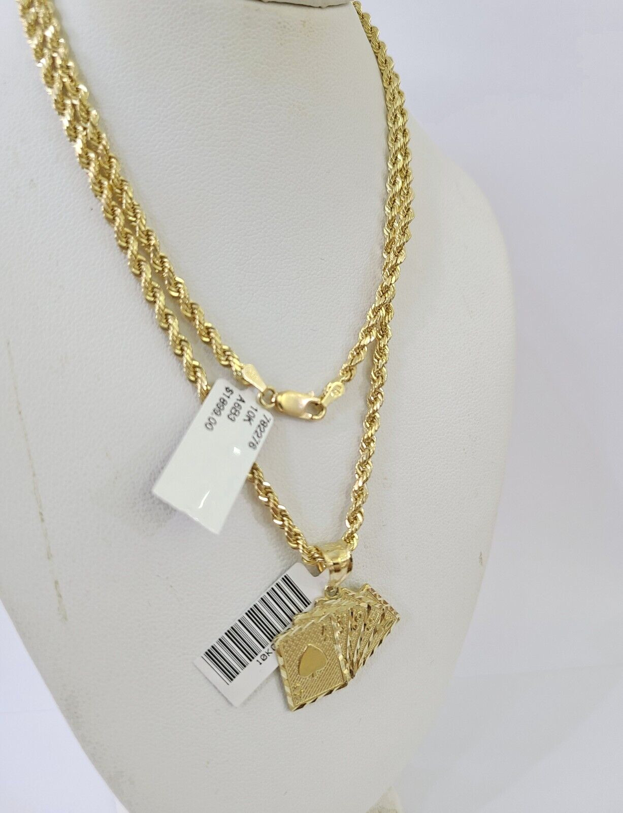 Real 10k 3mm Rope Chain Royal Flush Pendant 18″ 20″ 22″ 24″ 26″ Gold Set