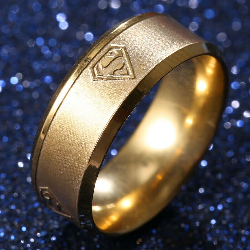 Superman Emblem Solid Color 8mm Stainless Steel Ring Gold Silver Blue Black Ring