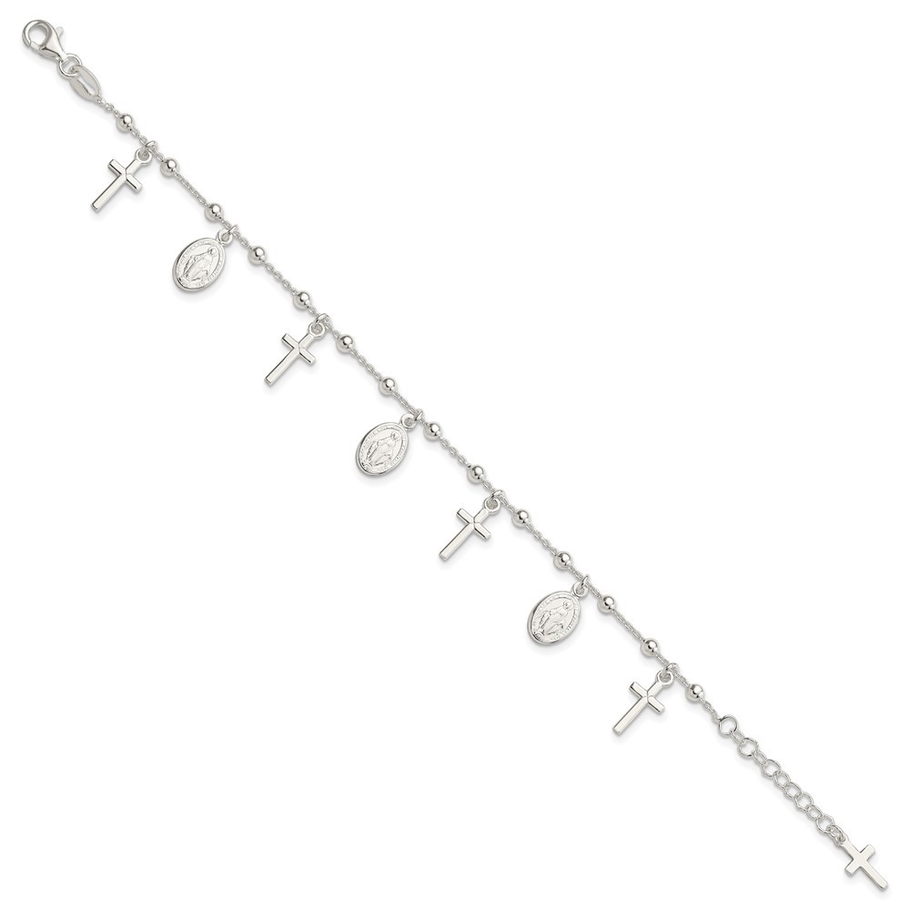 Sterling Silver Polished Cross Miraculous Medal Bracelet 6.25″ w/1in ext. 4.7gm