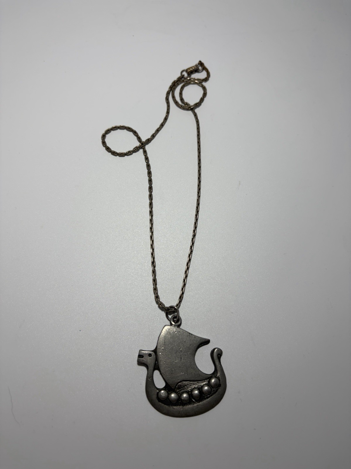 Vintage R. Tennesmed Sweden Pewter Viking Ship Pendant Necklace