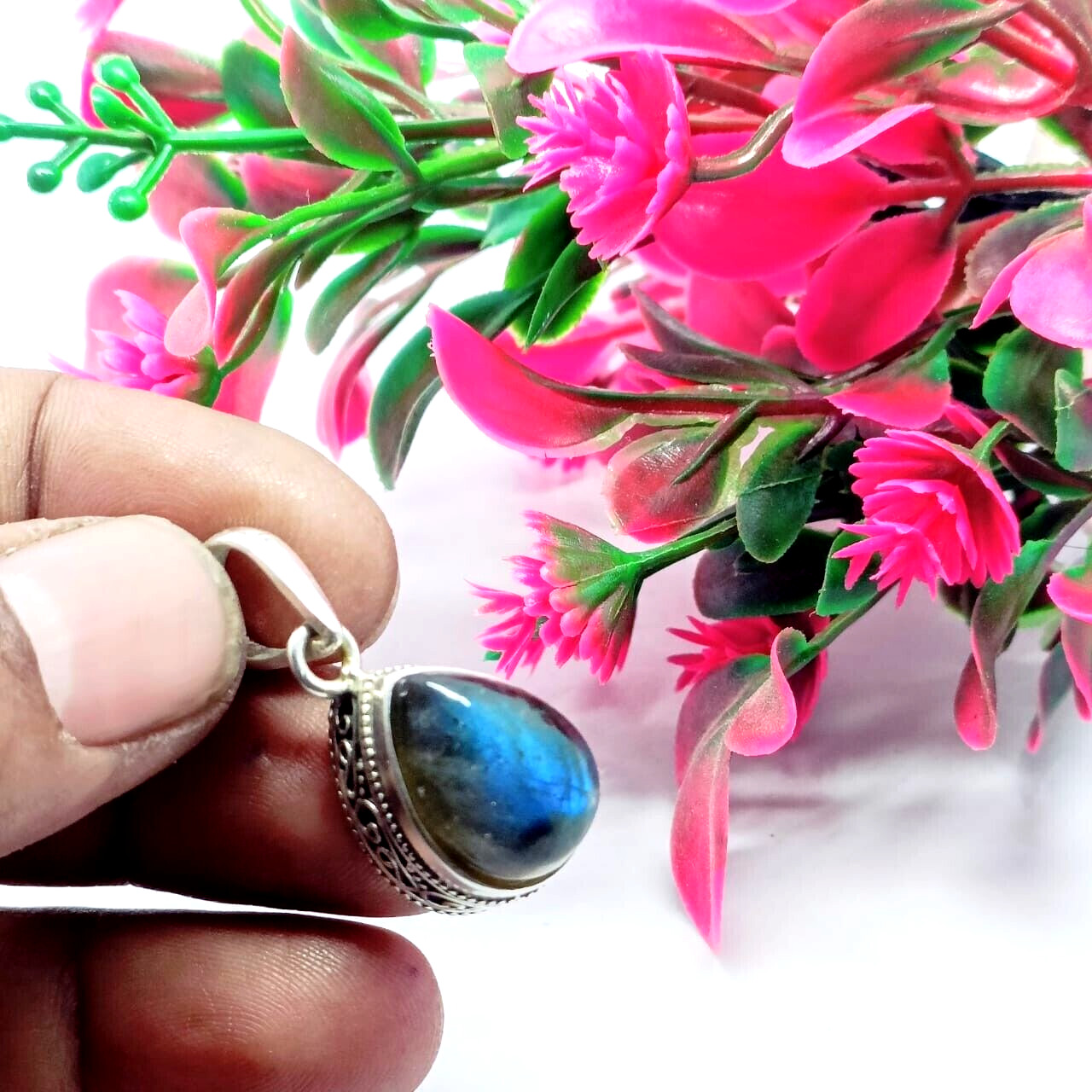 Natural Fire Labradorite Gemstone Handmade Pendant. 925 Sterling Silver pendant.