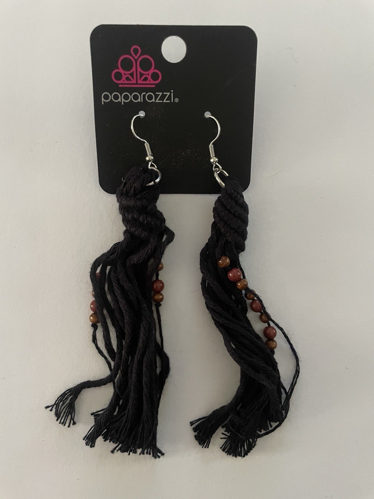 Paparazzi Beach Bash Black Tassel Dangle Hook Earrings Cord Metal Beaded