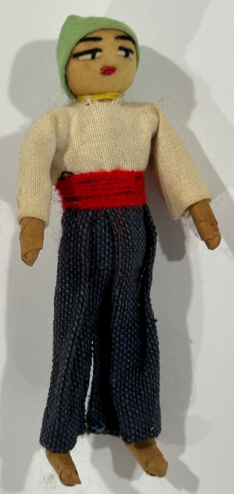 Vintage fabric and rolled wood or paper doll brooch handmade 3.5″ charming