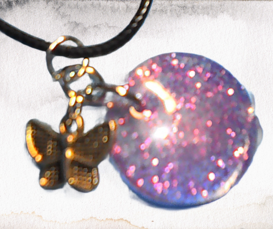 Handmade Butterfly Resin Pendant Necklace Round Silver Charm Black Cord 18″