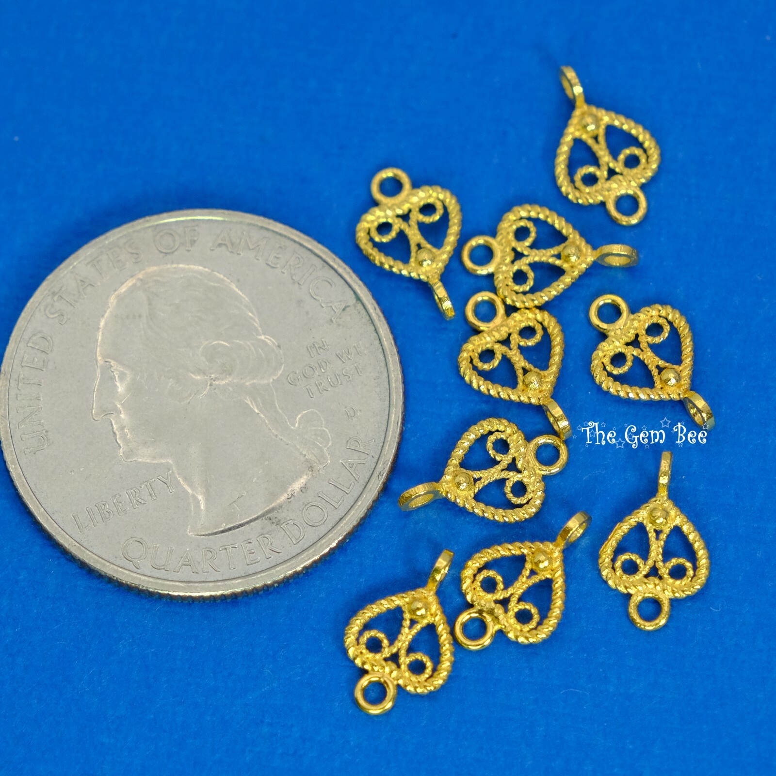 6.8mmx10.8mm 18k Solid Yellow Gold Filigree Heart Connector Charm Finding Pair