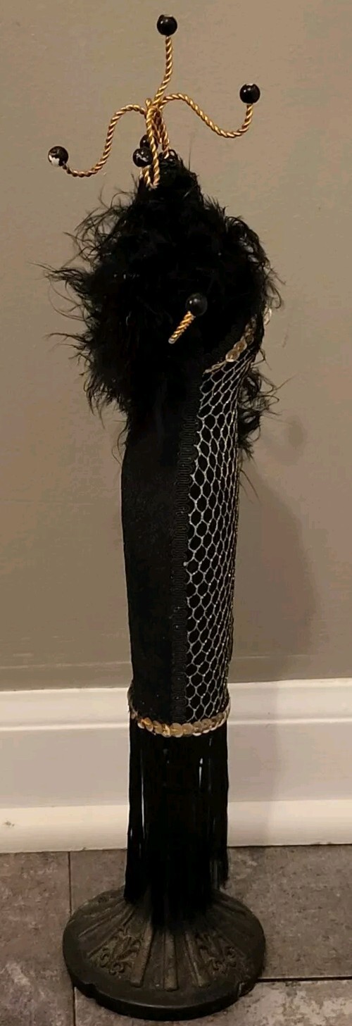 Victorian Style Fringed Sequin Mannequin Doll Hook Jewelry Holder Cameo Feathers