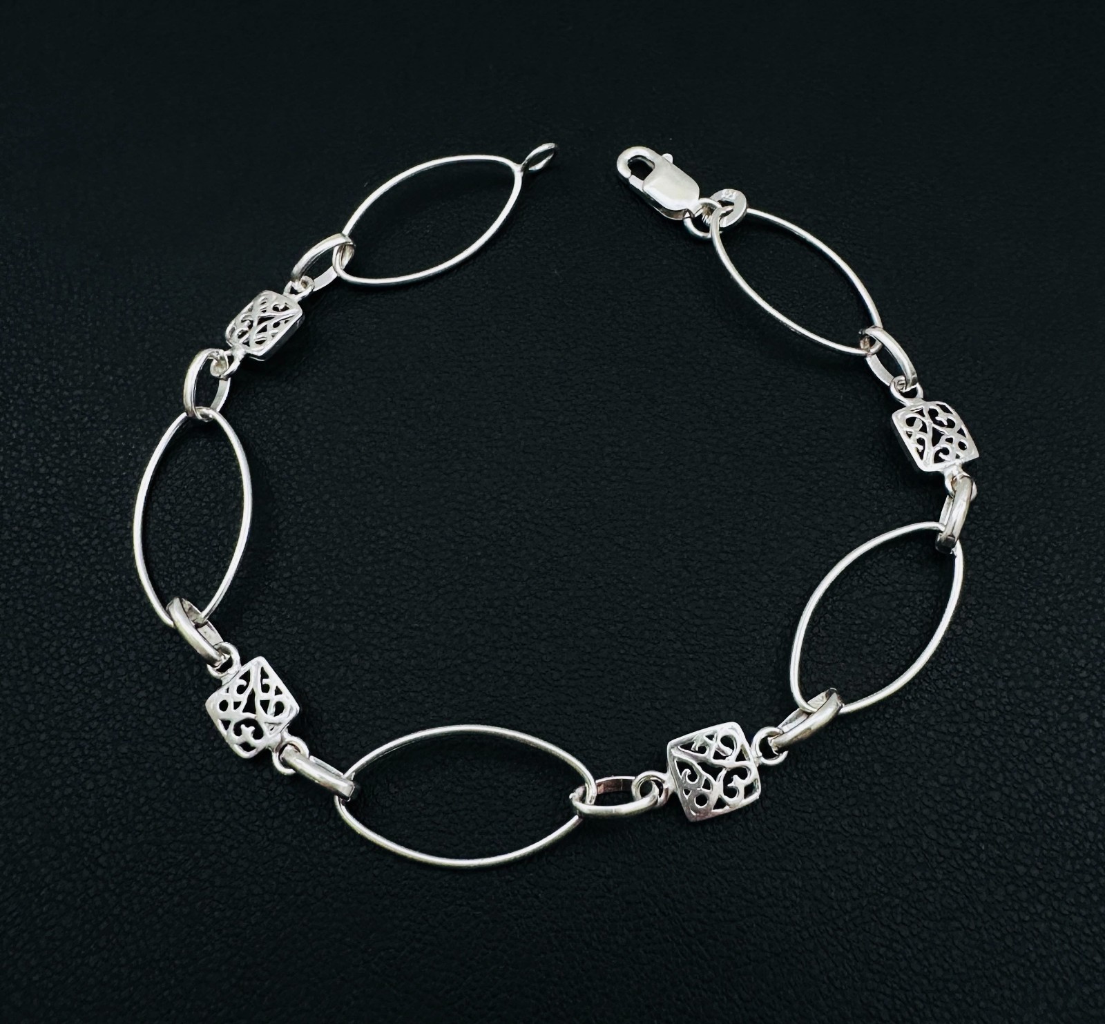 925 Sterling Silver Oval & Square Filigree Links Bracelet 6-10mm, 7 1/4″