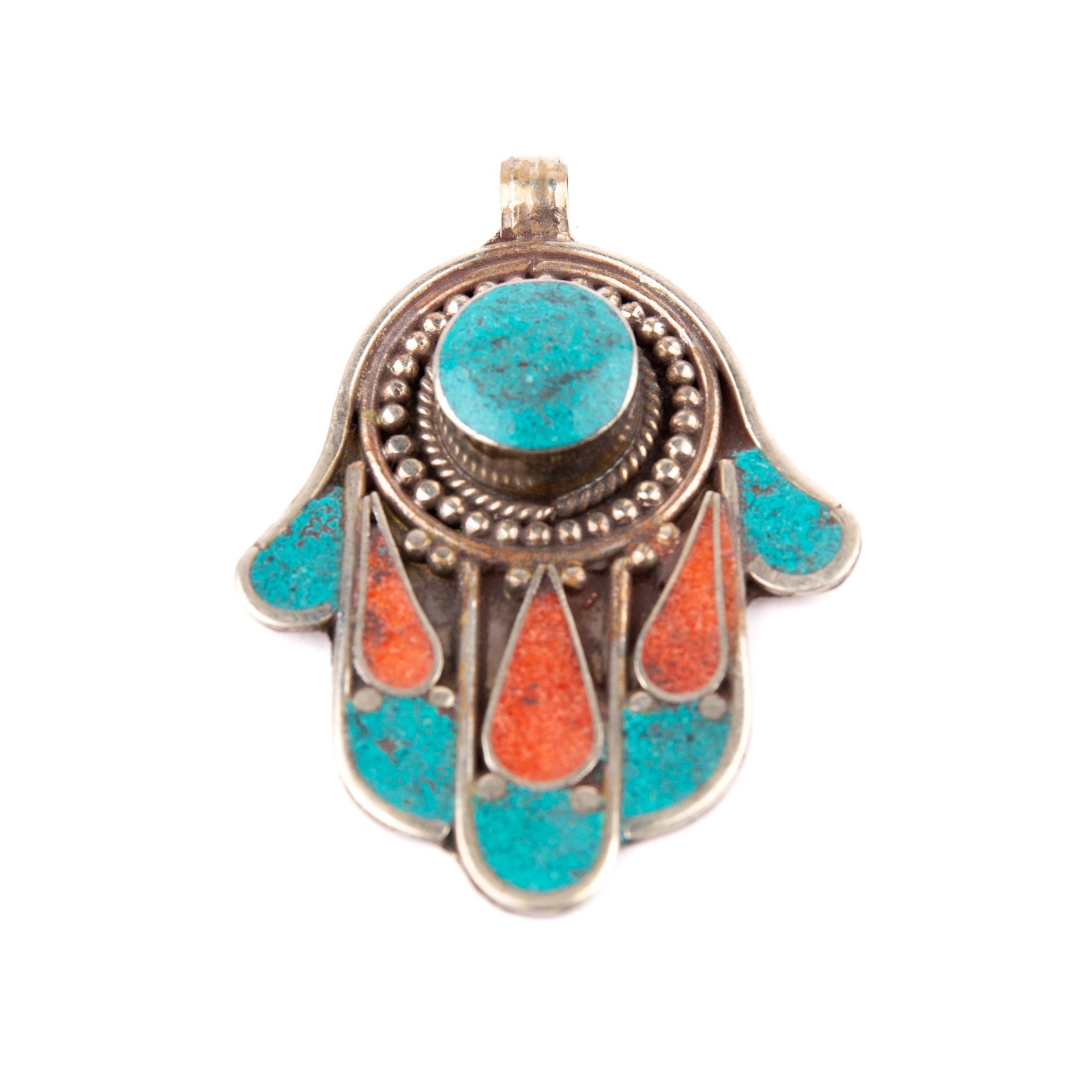 Tibetan Pendant, Hand of Fatima Pendant, Turquoise Stone Amulet, Coral & Lapis