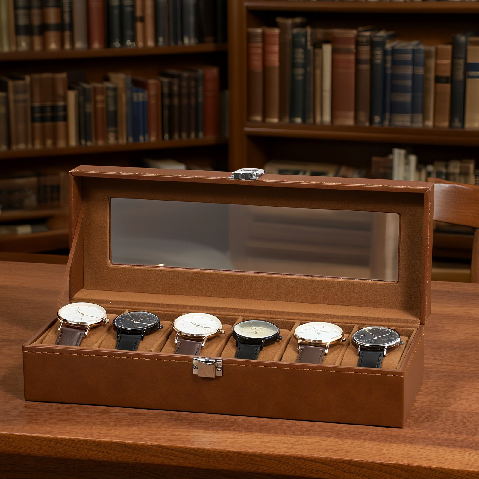 6 Slots Watch Box – PU Leather Case with Glass Lid, Display & Storage Organizer