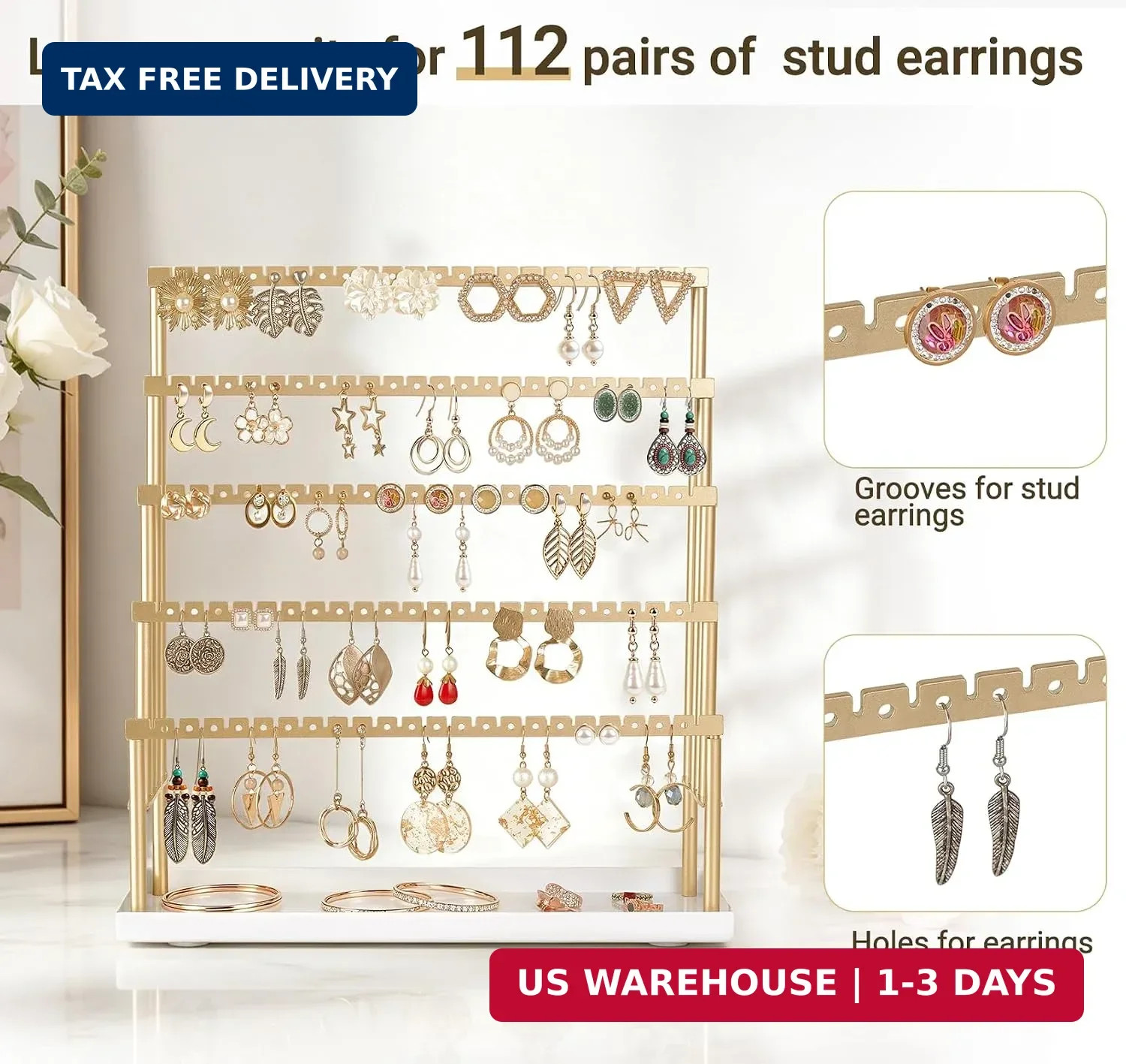Mkono 5-Tier Earring Holder Organizer, Gold Jewelry Display Stand with Tray | 11