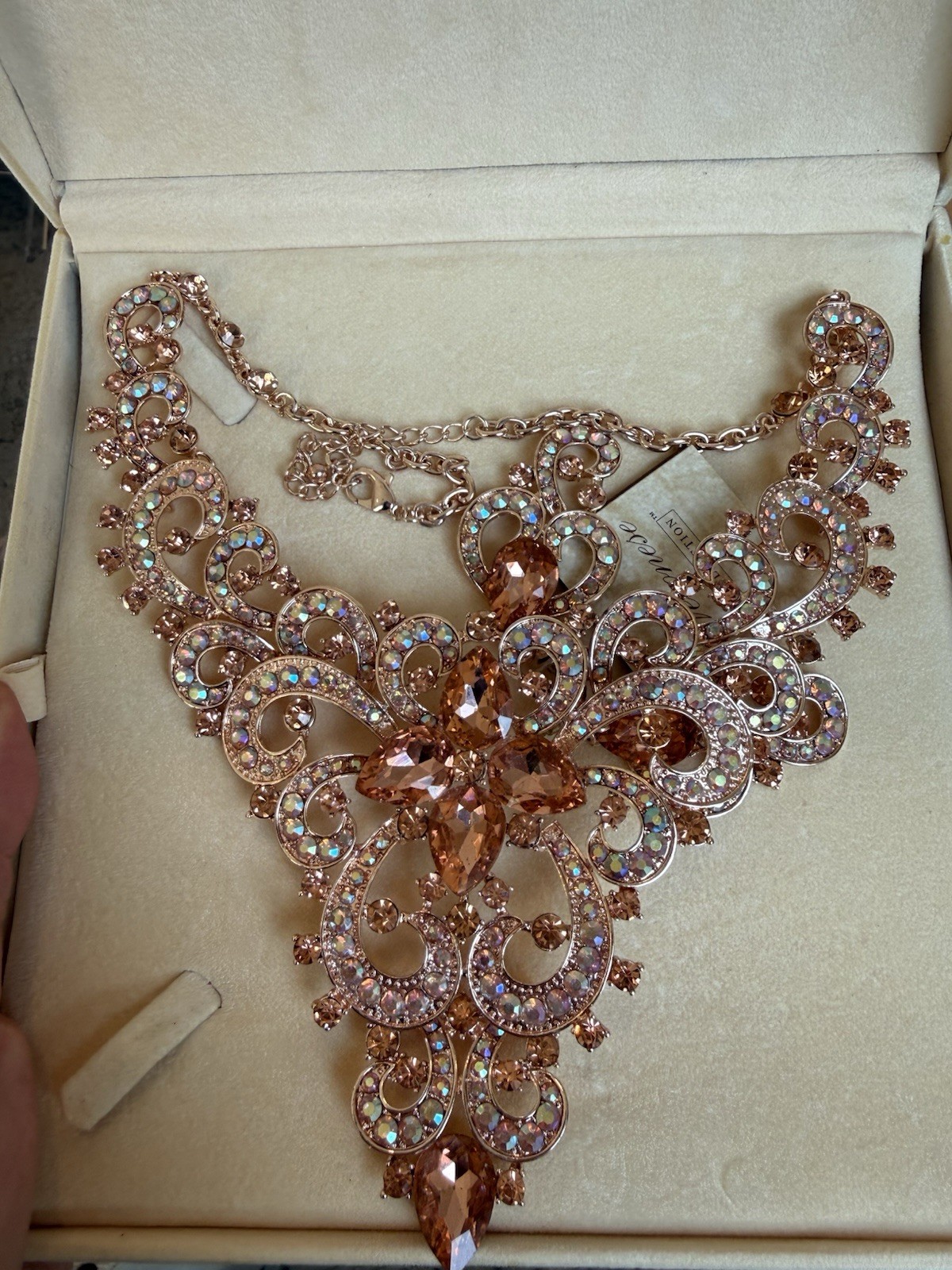New Peach Rhinestone Wedding, Bridal, Prom Or Pagent Set With Matching Earrings