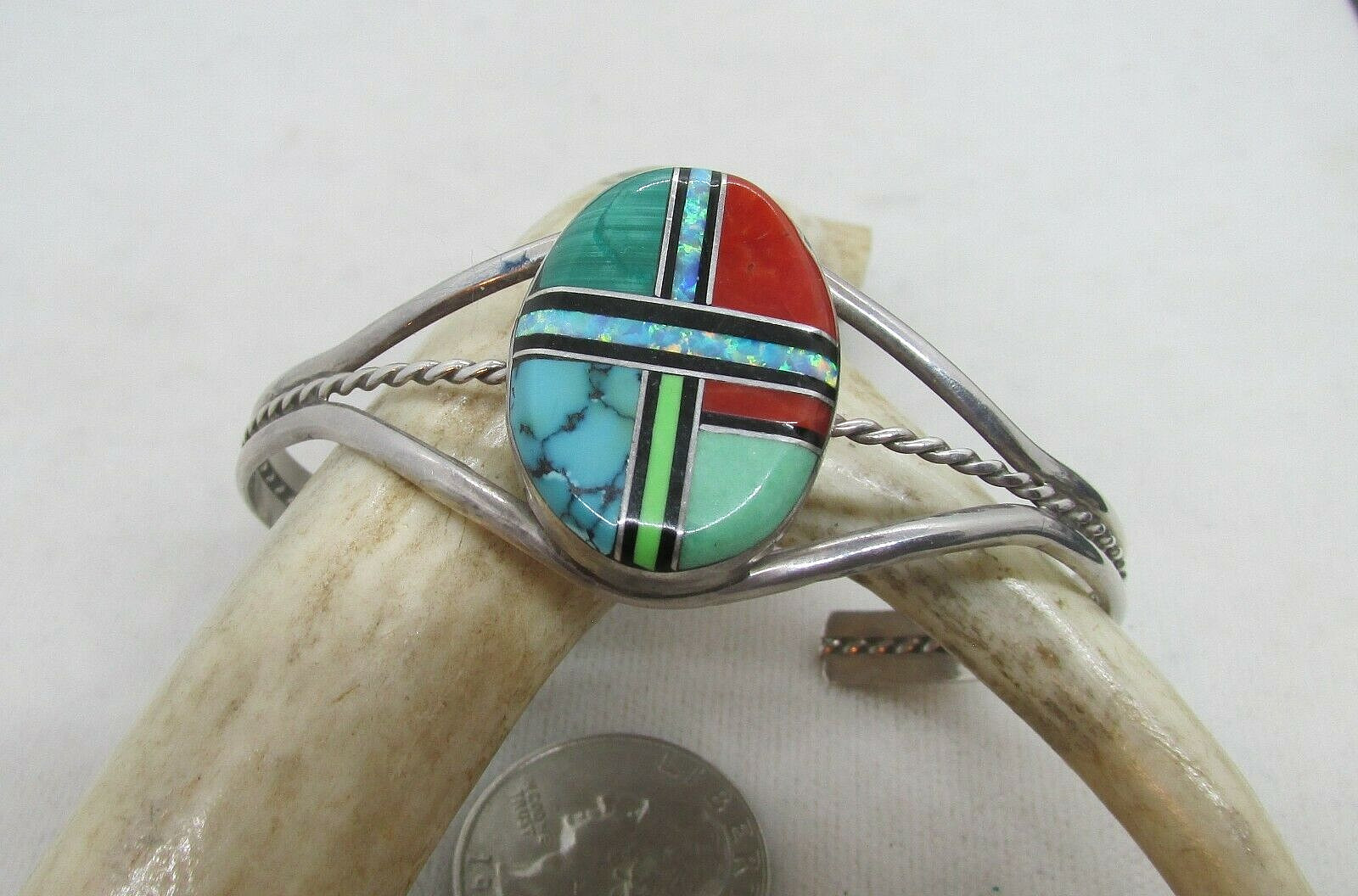 VTG SW N A INLAID CUFF W/SPINY OYSTER, TURQ, MALACHITE, & OPAL SS–NEW PRICE