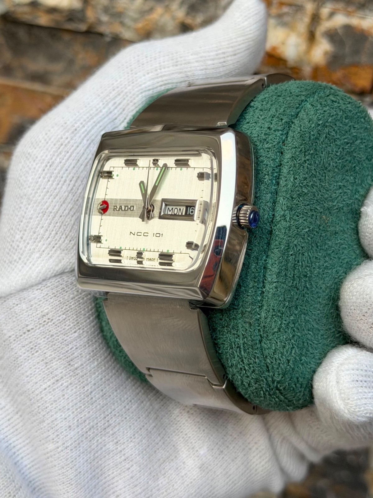 vintage Rado NCC 101 automatic watch featuring a silver TV-shaped case