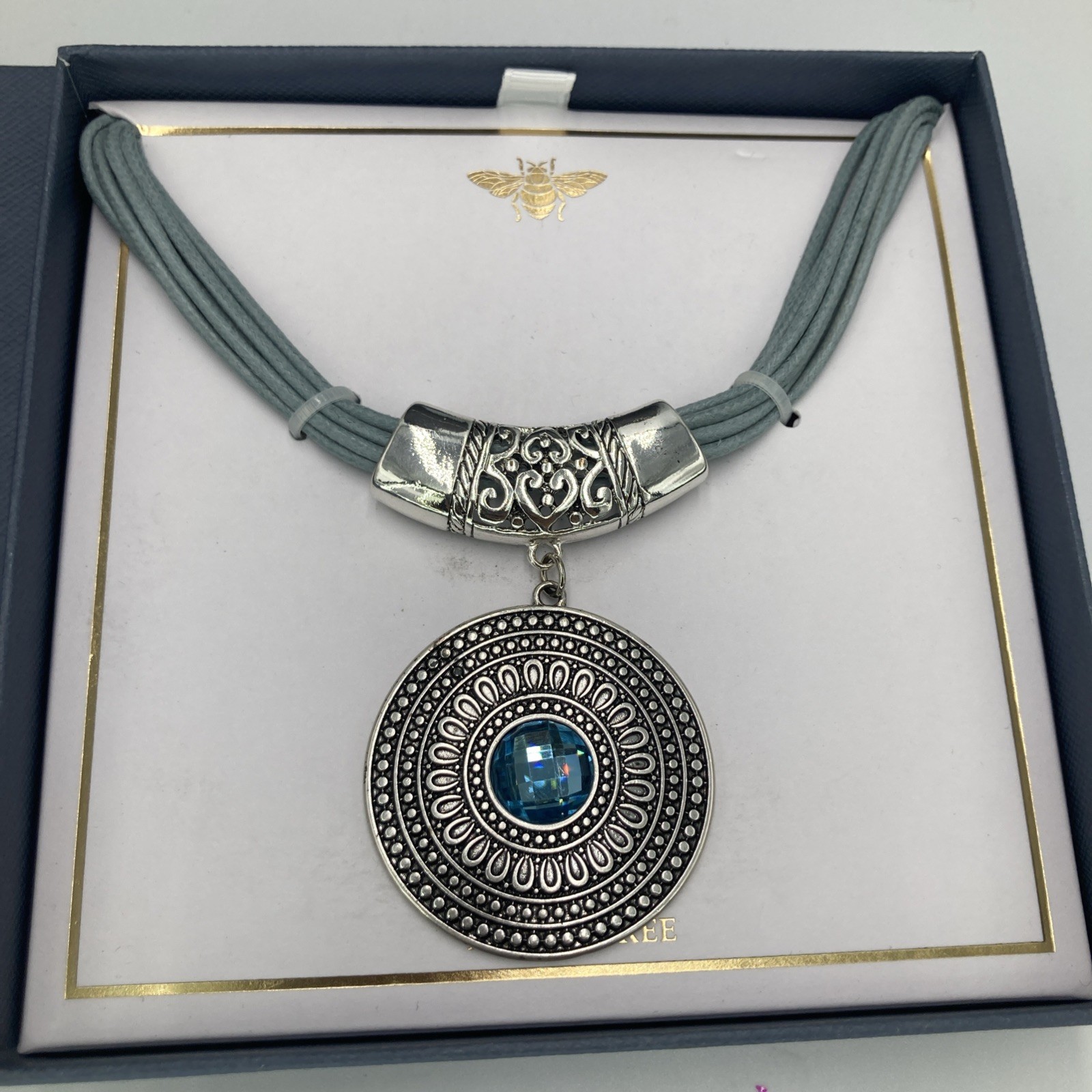 Statement Necklace Silver Tone Medallion Pendant Blue Faux Gem Cord New in Box